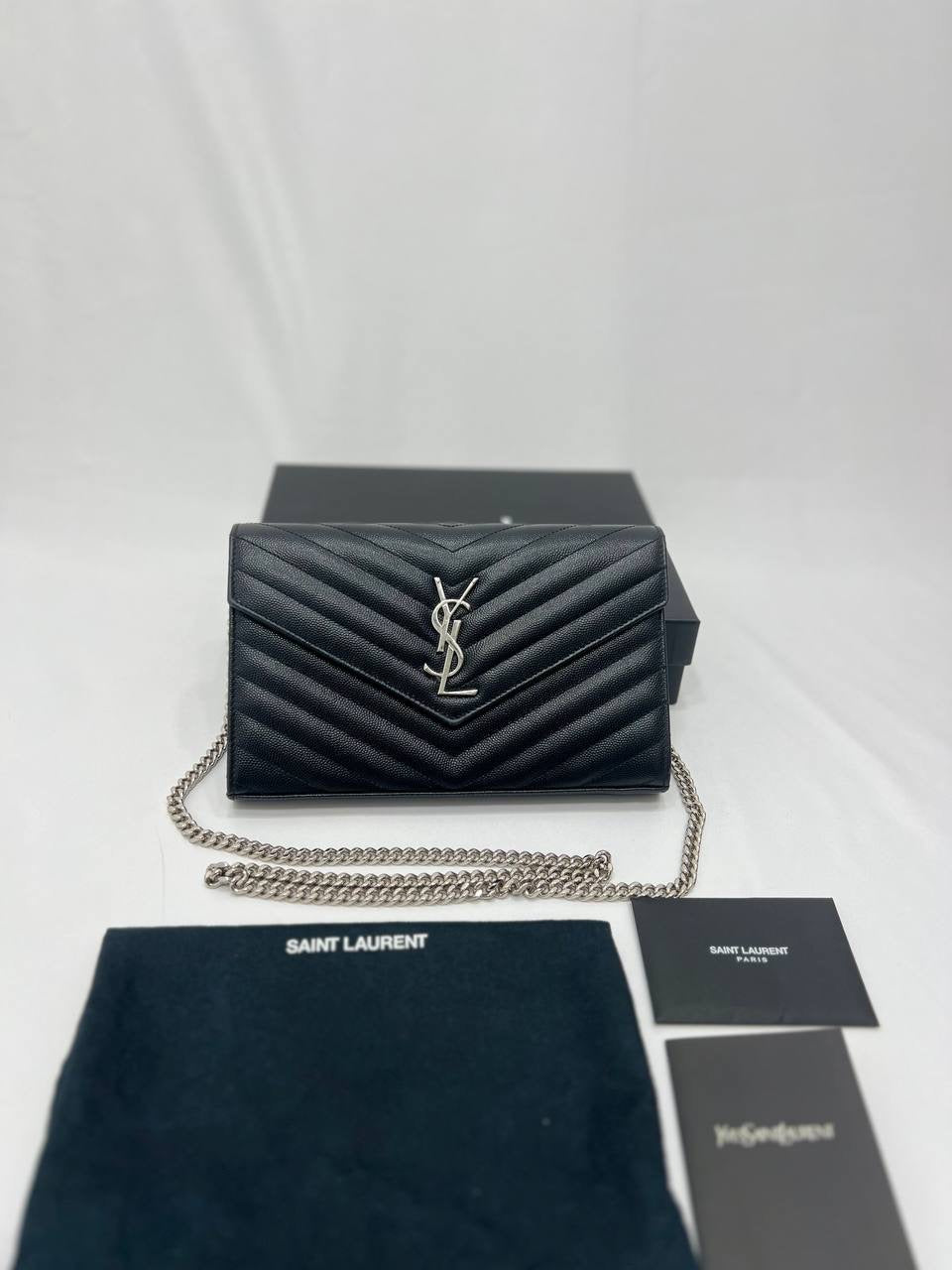 YVES SAINT LAURENT YSL Cassandre Matelasse Envelope SHW Wallet On Chain WOC In Black