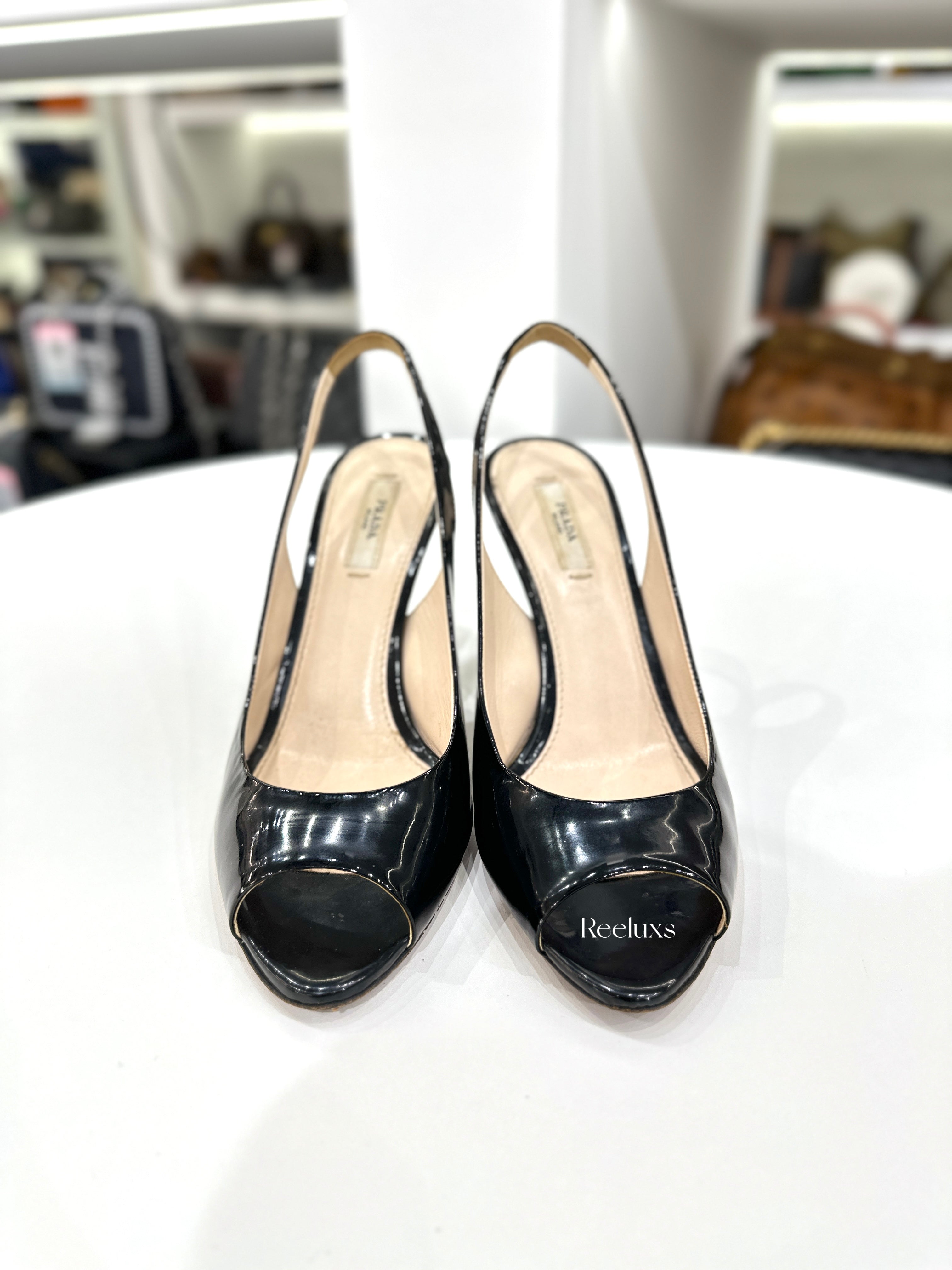 PRADA Black Patent Leather Peep-Toe Slingback Heels