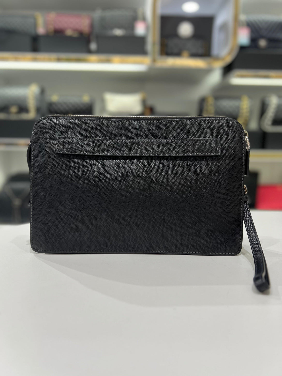 PRADA Saffiano Black Leather Clutch With Wristlet For Men - Reeluxs 