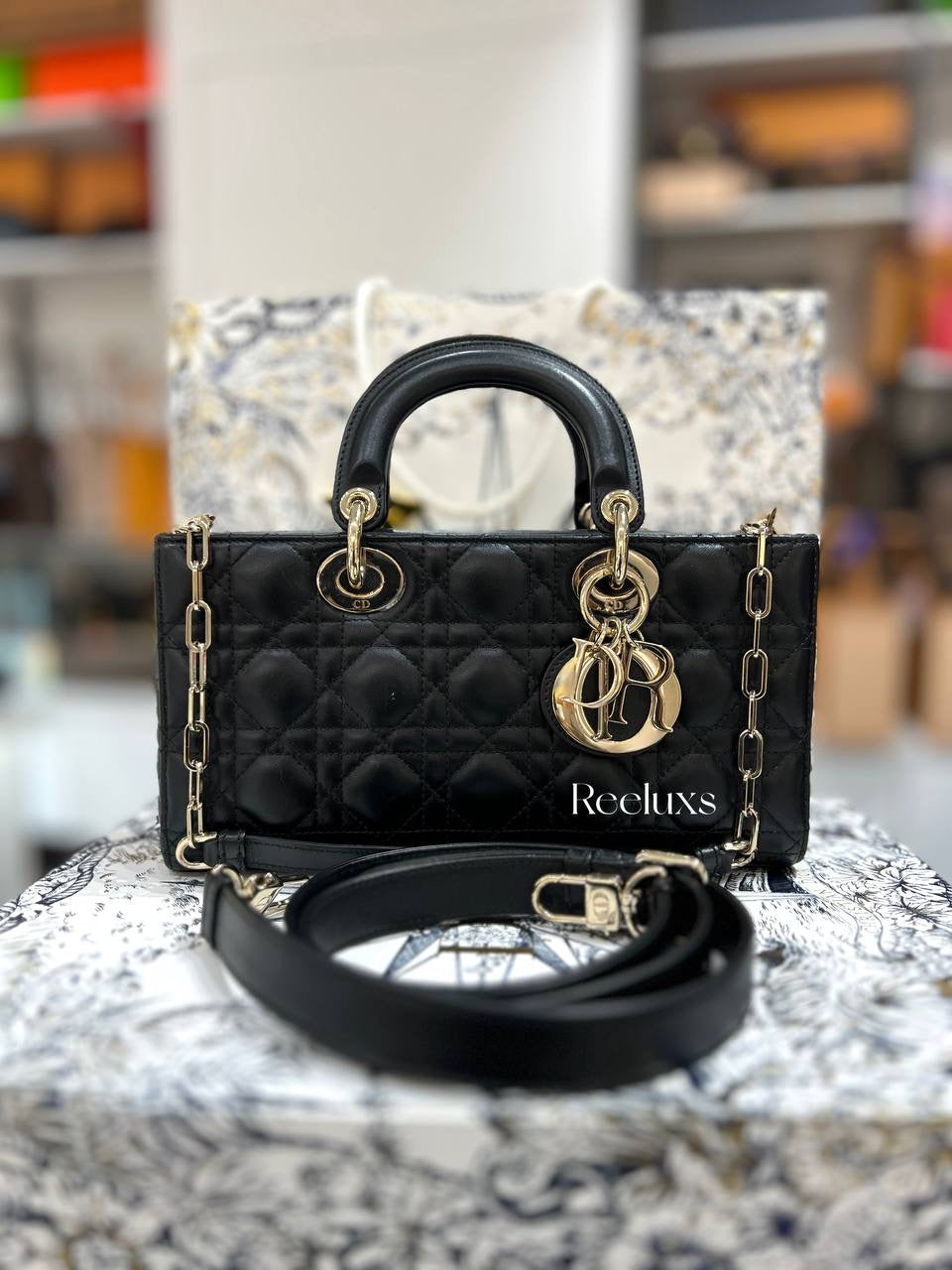 Full Set  DIOR-Medium Lady D-Joy Bag Black Cannage Calfskin with Diamond Motif