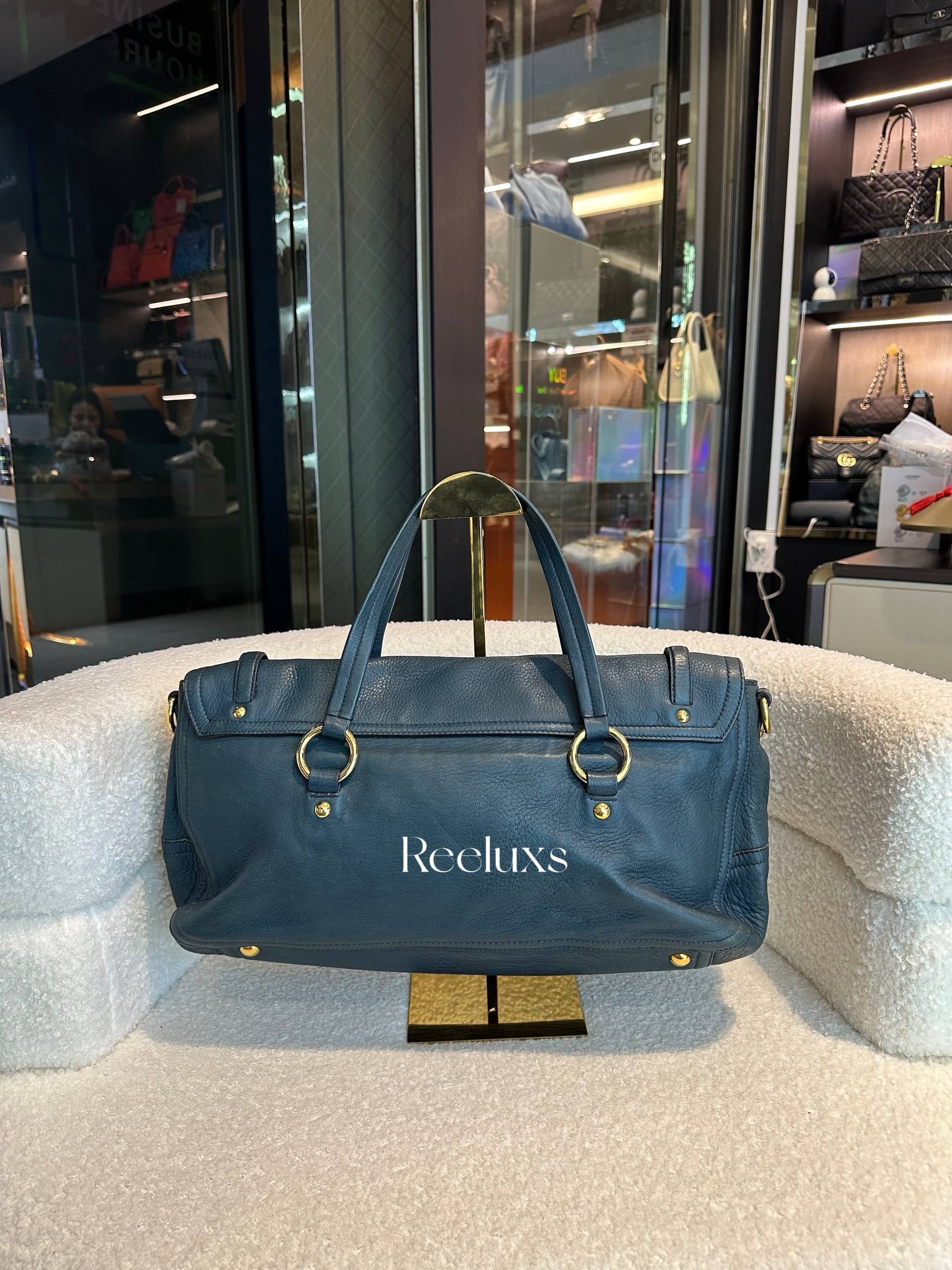 Miu Miu Blue Cervo Leather East/West Satchel Bag