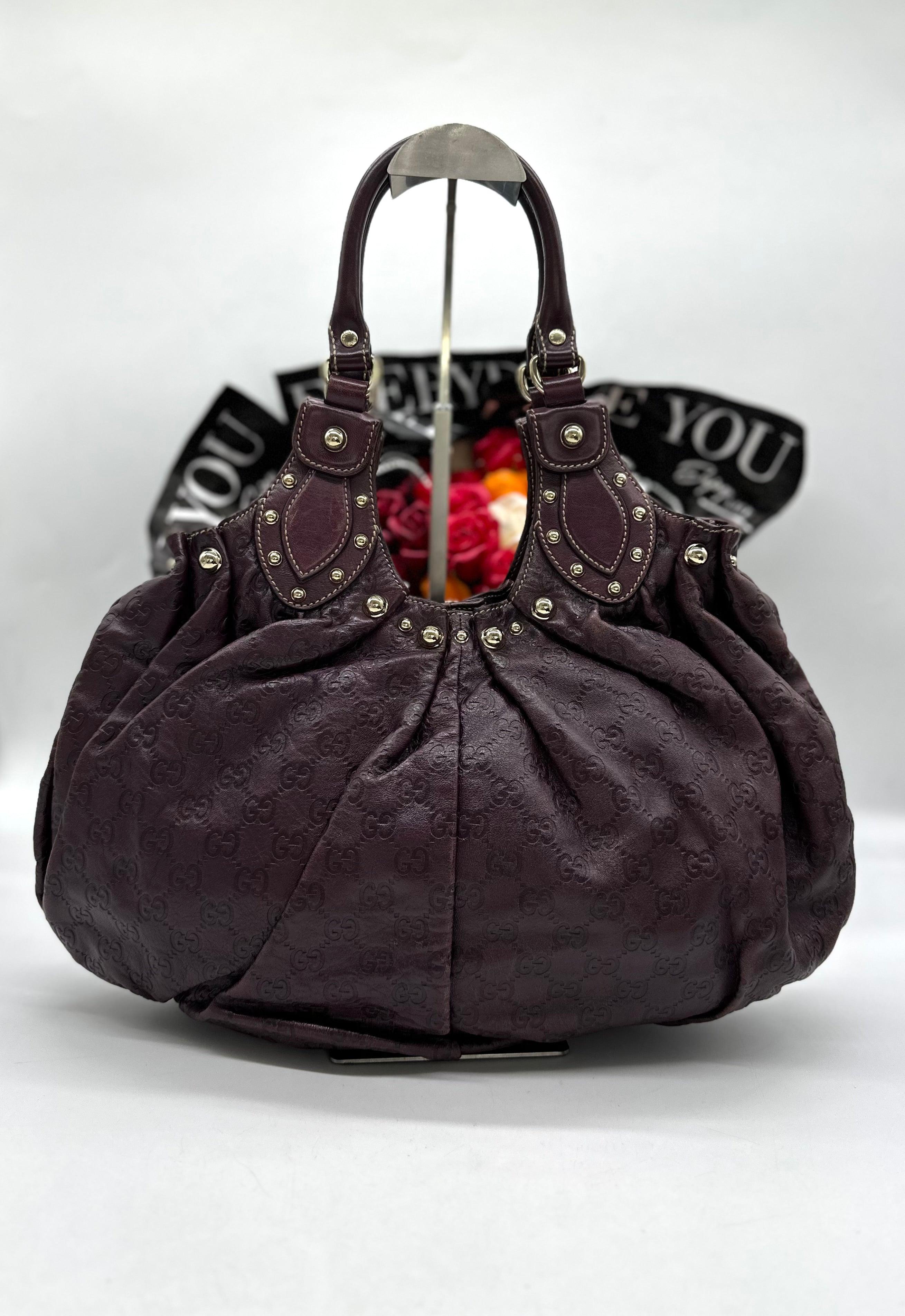 GUCCI Shima Handbag Hobo Bag Dark Brown Leather Studs Italy - Reeluxs 