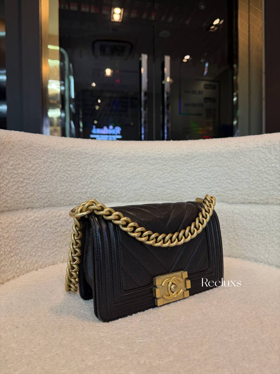 Chanel Small Boy Caviar Chevron Black