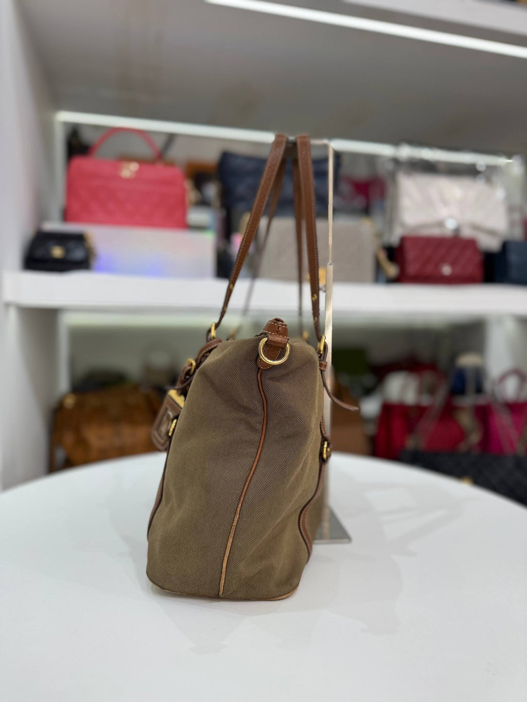 PRADA Vintage Logo Jacquard Canvas Brown Leather Tote Bag