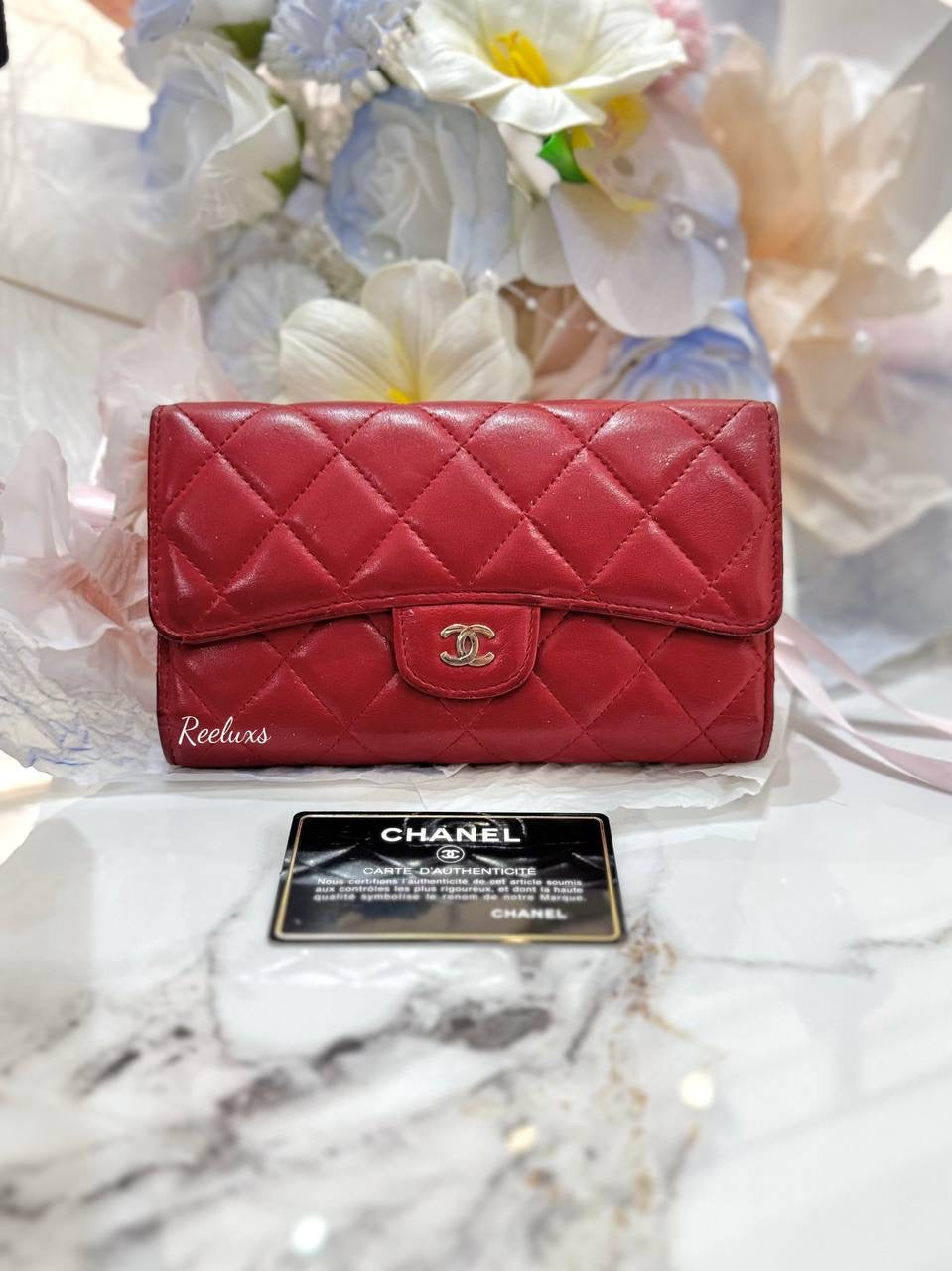 CHANEL Red Quilted  Leather Timeless/ Classique Flap Wallet