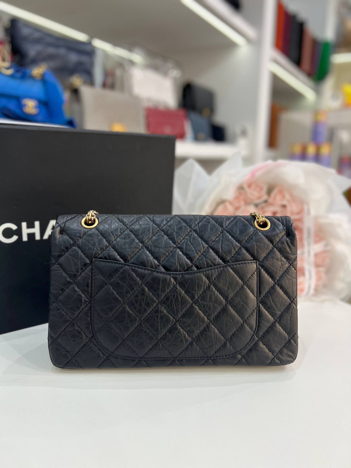 CHANEL 2.55 Reissue Double Flap Bag In Black Aged Calfskin