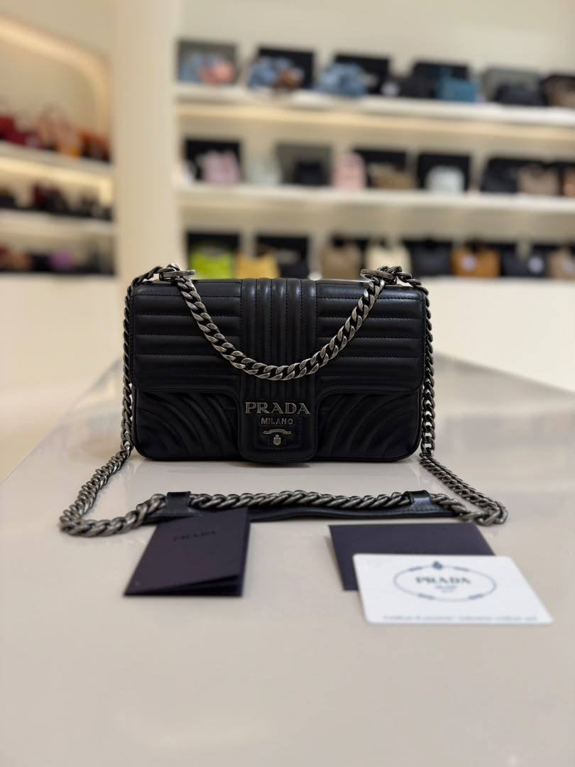 PRADA Soft Calfskin Impunture Diagramme Medium Chain Flap Shoulder Bag