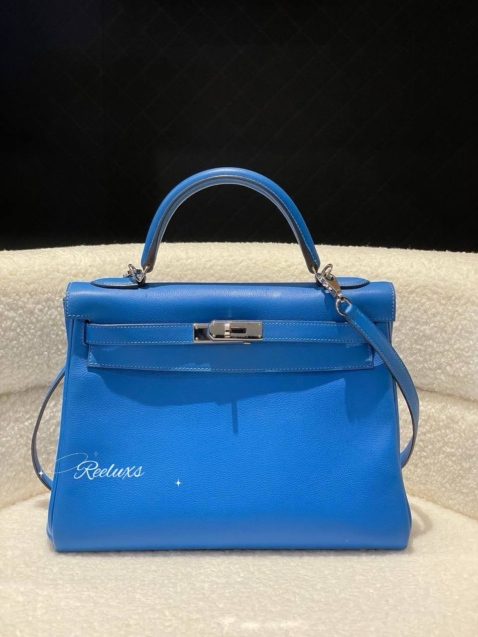 HERMES Kelly Handbag Blue Evercolor 32 With Palladium Hardware