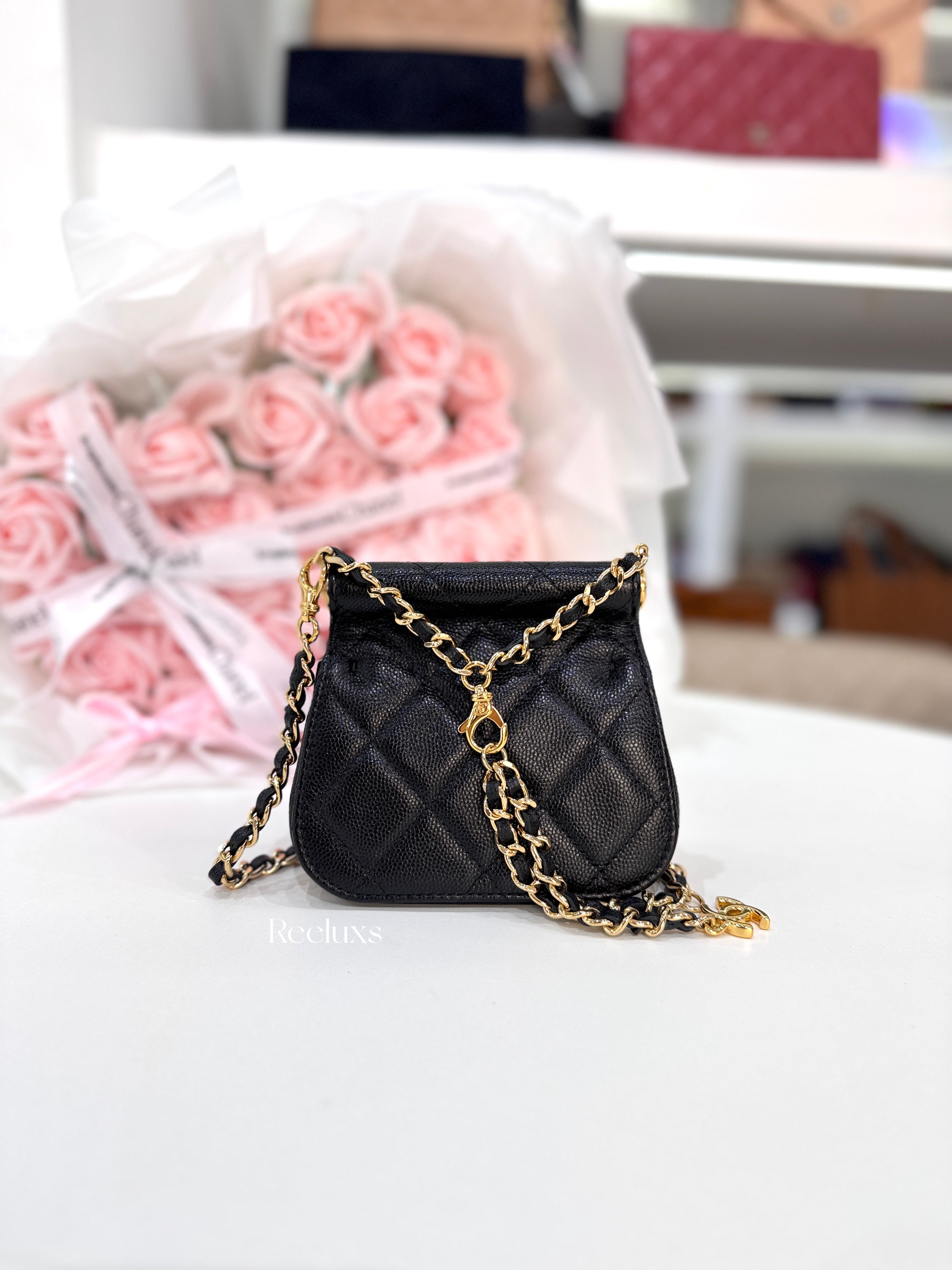 CHANEL Mini Caviar Bar Clutch On Chain