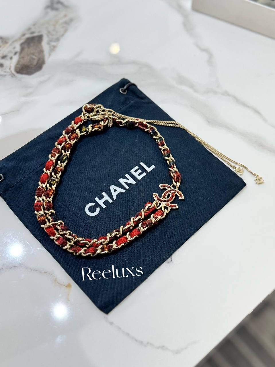 CHANEL Paris Edinburgh CC Pendant Necklace With A Red Tartan Woven Chain