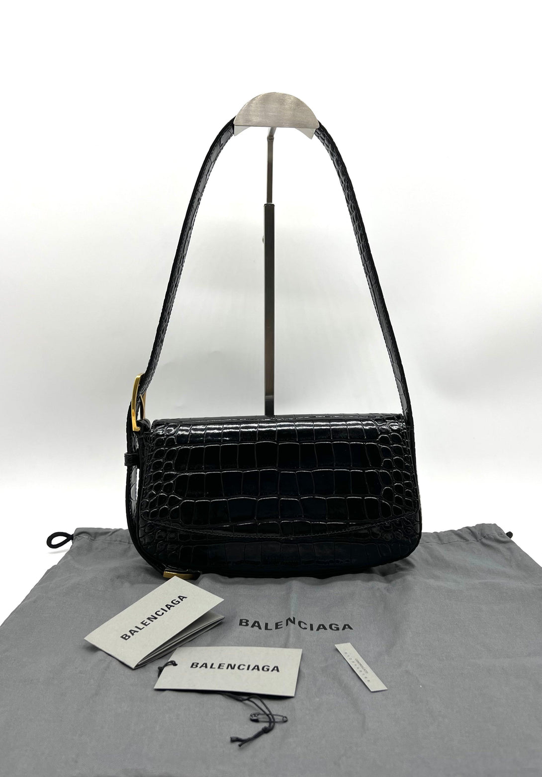 BALENCIAGA Black Crocodile Embossed Leather Ghost Sling Bag - Reeluxs 