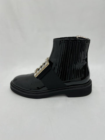 ROGER VIVIER Rangers Patent Leather Strass Buckle Chelsea Ankle Boots