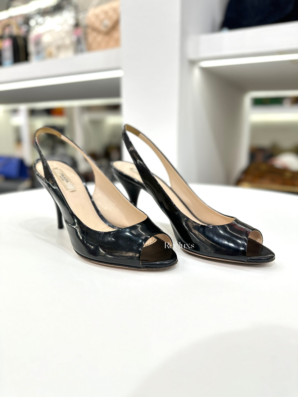 PRADA Black Patent Leather Peep-Toe Slingback Heels