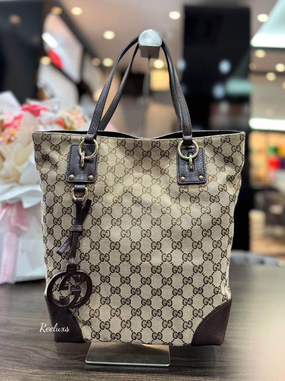 GUCCI GG Charm Canvas Brown Tote Handbag