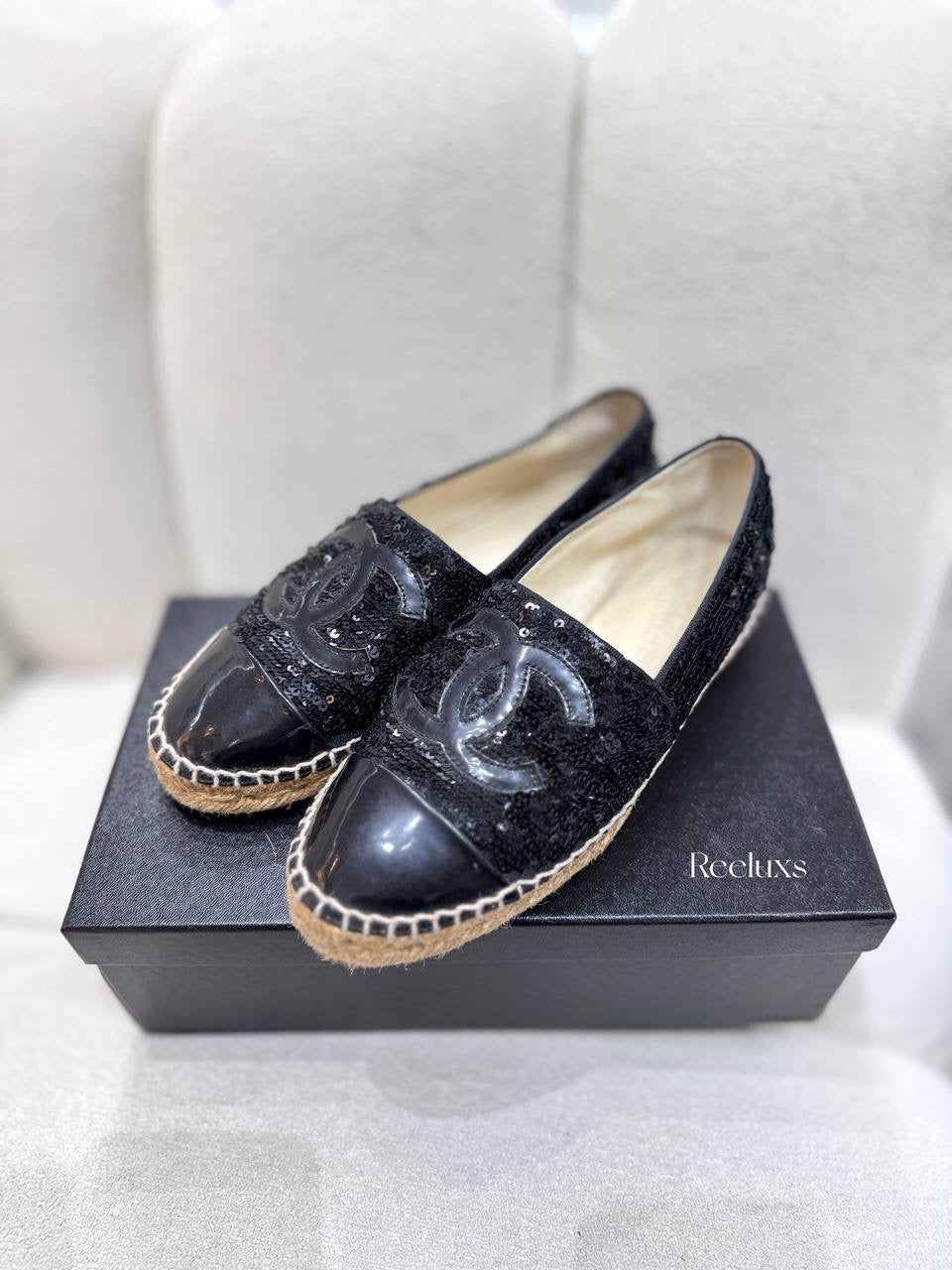 Chanel Black Sequinned Tweed & Leather CC Espadrilles