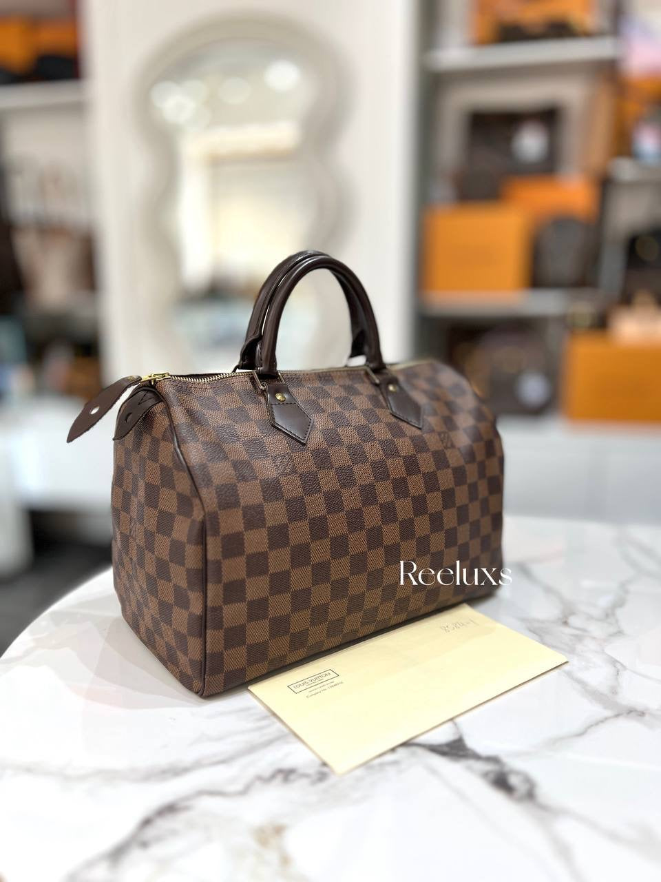 Louis Vuitton LV Speedy 30 Brown Handle Bag With Gold Hardware