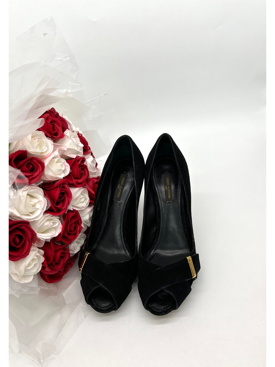 Louis Vuitton Black Nubuck Peep Toe Pumps Gold Logo Size 36 1/2 - Reeluxs 