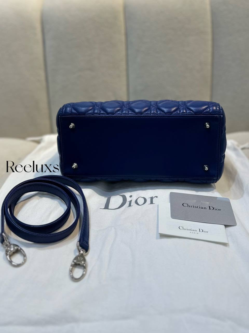 CHRISTIAN DIOR Blue Quilted Lambskin Medium Lady Dior Handbag