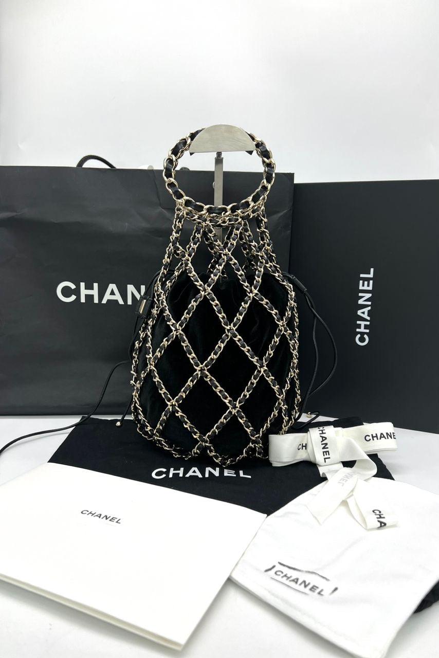 CHANEL RUNWAY BLACK VELVET DRAWSTRING BAG - Reeluxs 