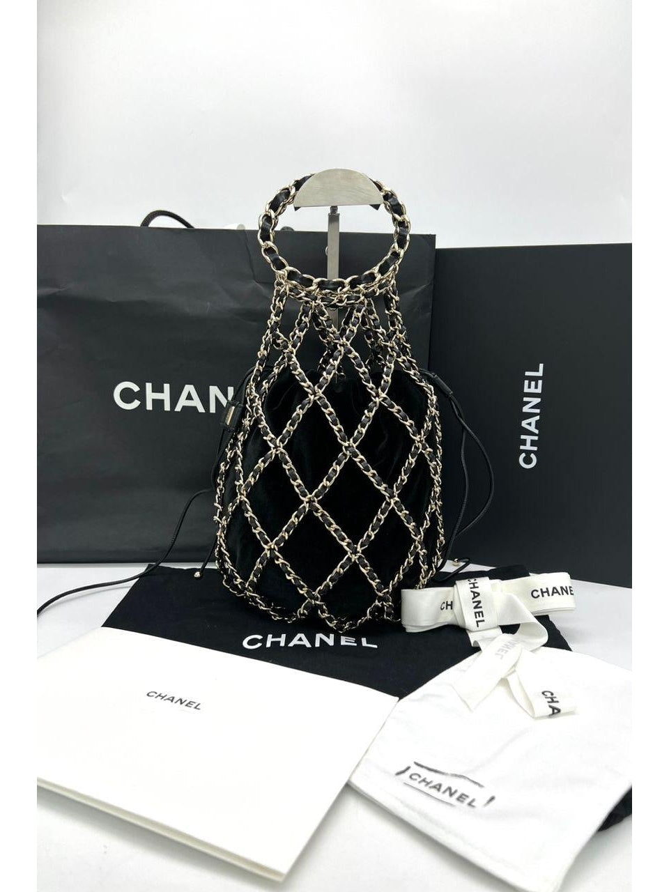 CHANEL RUNWAY BLACK VELVET DRAWSTRING BAG - Reeluxs 