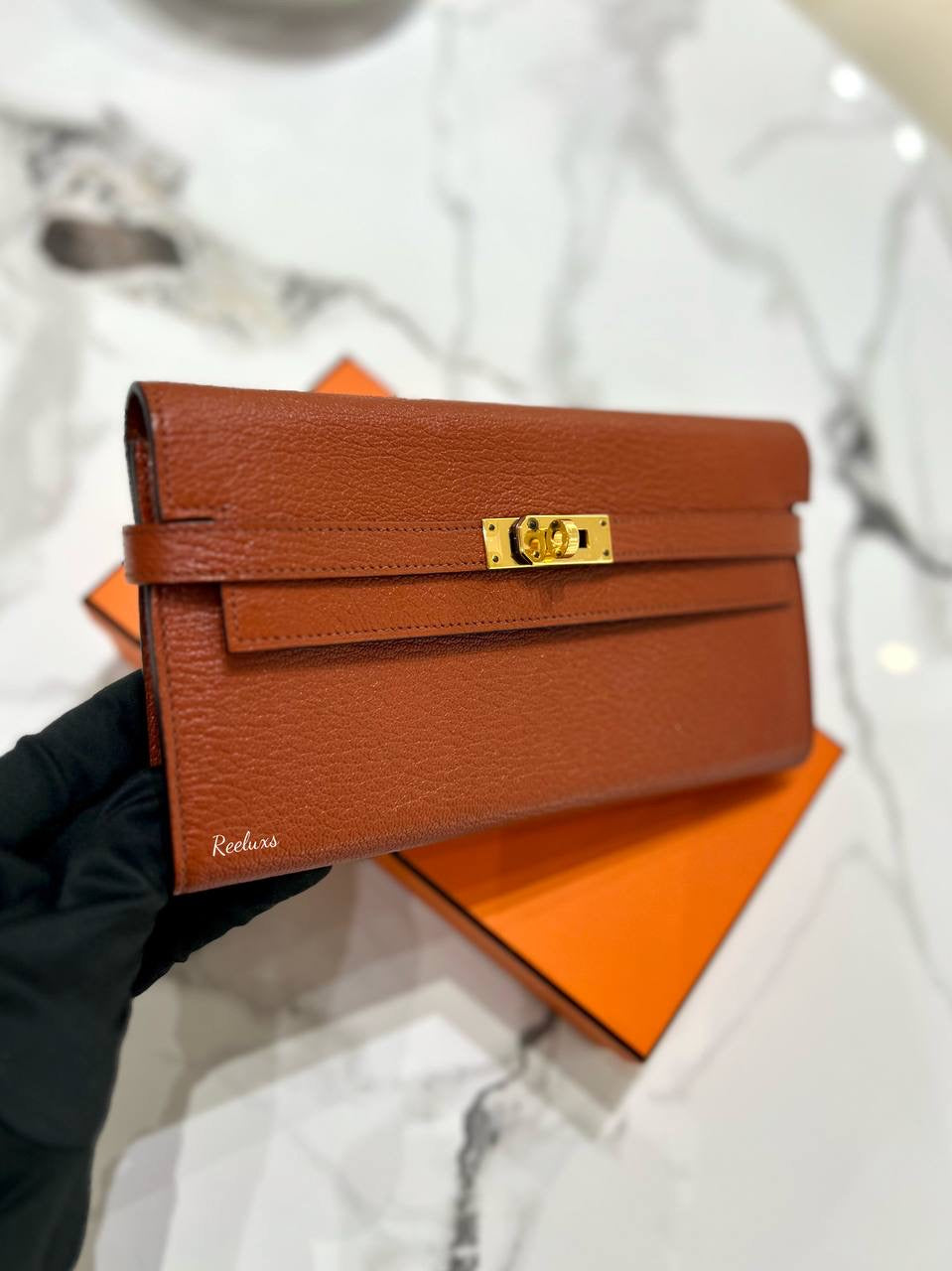 HERMES Kelly Wallet To Go Orange Epsom Gold Hardware