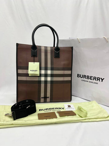 BURBERRY Check- Pattern Tote Bag Brown