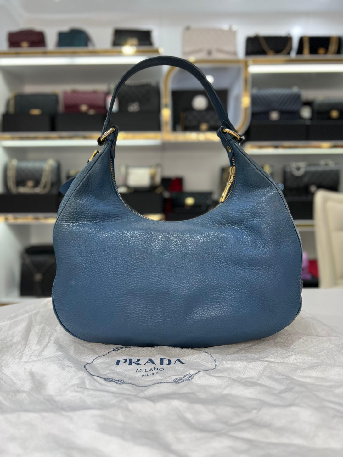 PRADA Blue Pebbled Leather Hobo Women Shoulder Bag - Reeluxs 