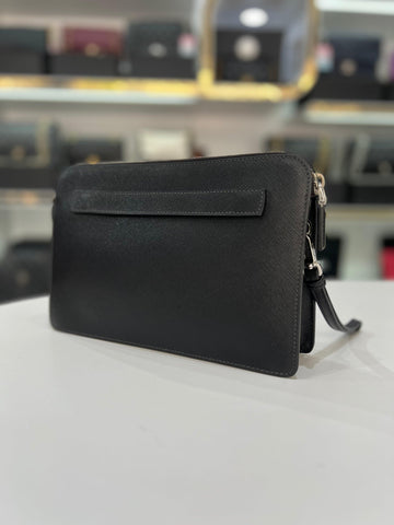 PRADA Saffiano Black Leather Clutch With Wristlet For Men - Reeluxs 