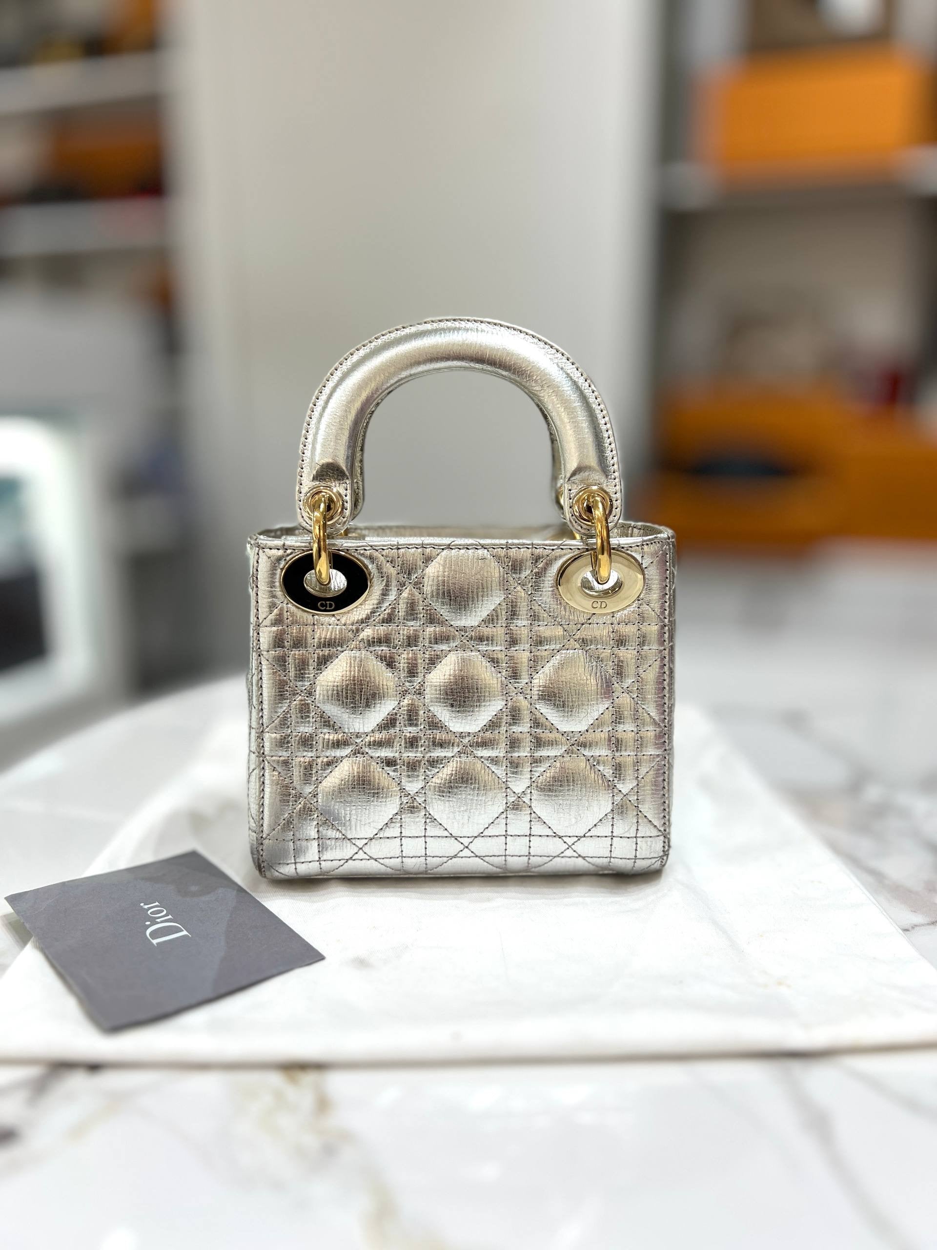 Mini Lady Dior Metallic Silver-tone Leather Bag