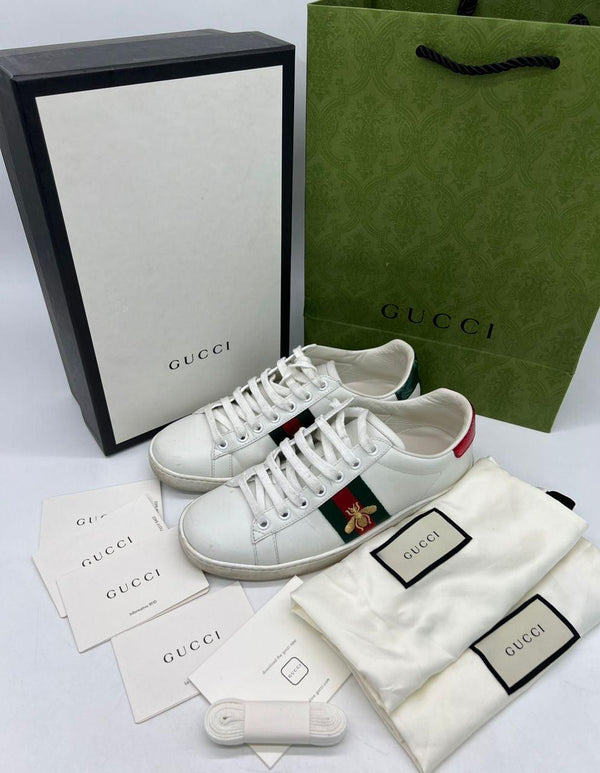 GUCCI Calfskin Ayers Bee Embroidered Ace Sneakers White Red - Reeluxs 