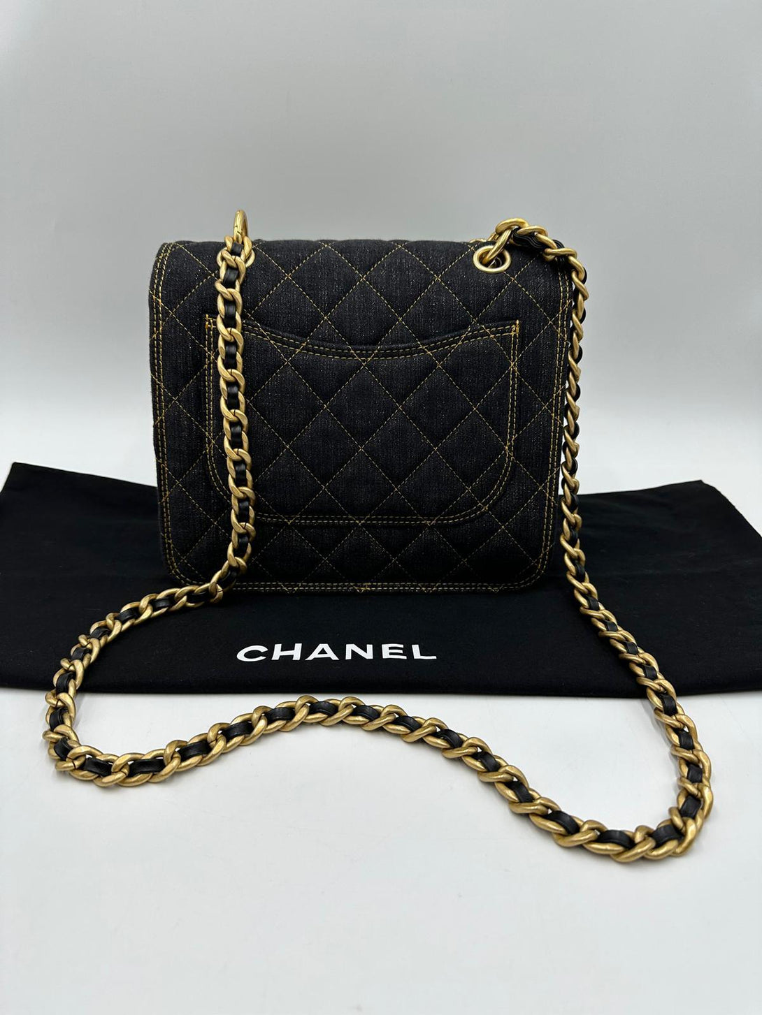 Chanel 2023 Microchip Navy Denim Quilted Double You Square Flap Black Golden - Reeluxs 