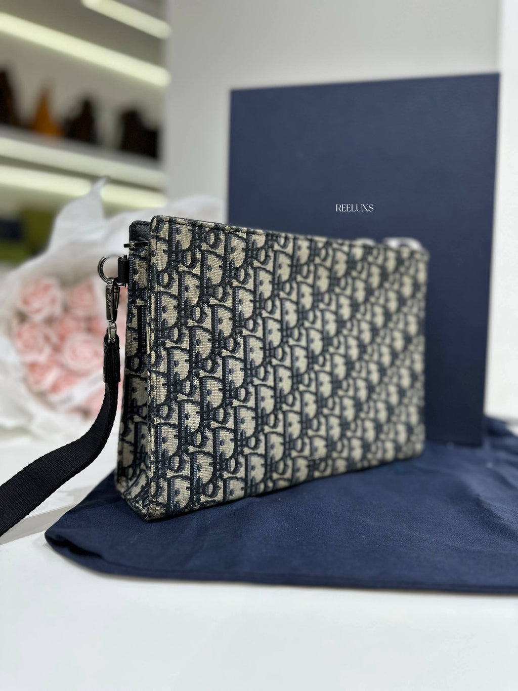 CHRISTIAN DIOR A5 Pouch in Beige and Black Dior Oblique Jacquard