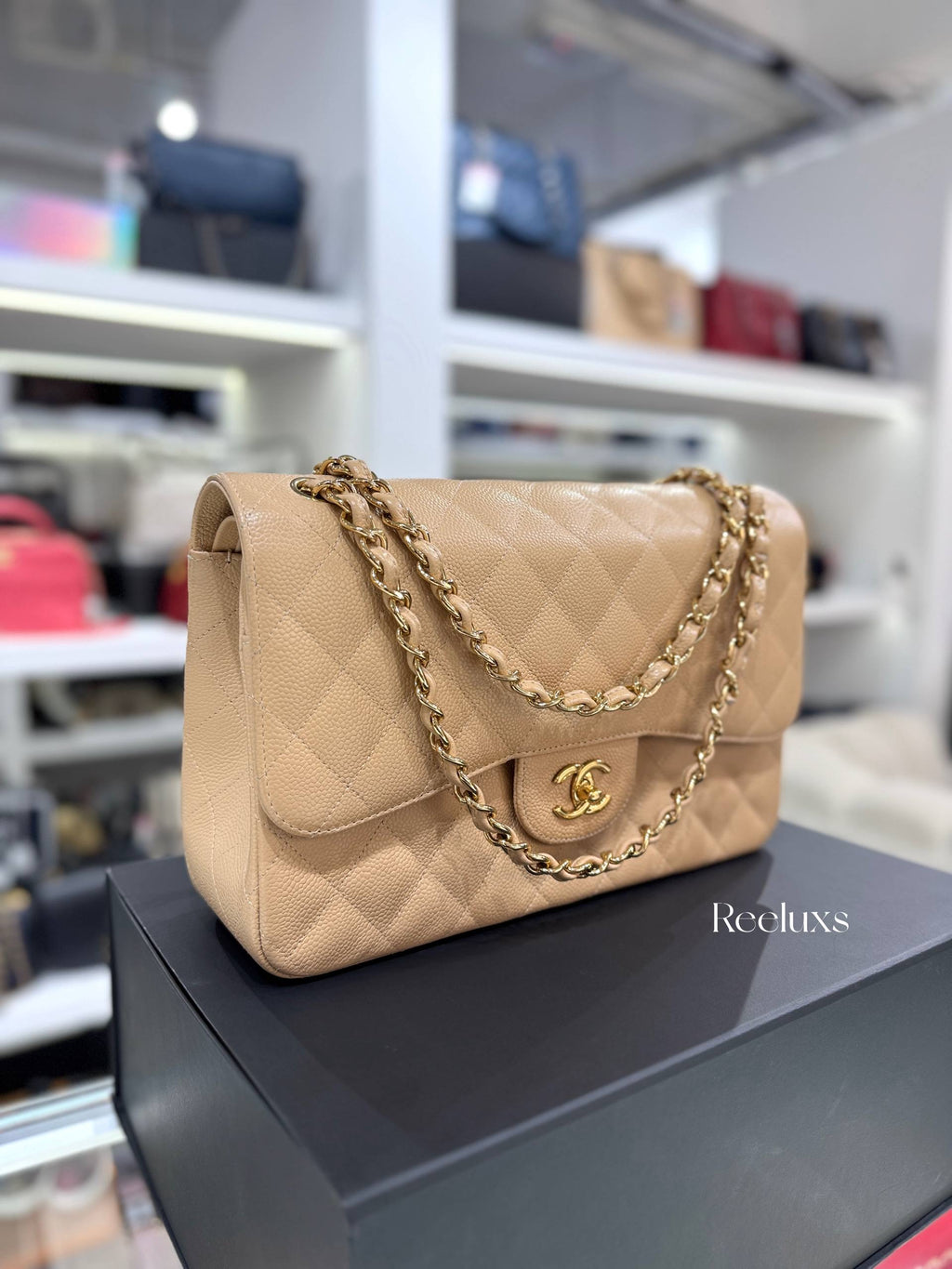 CHANEL Beige Quilted Caviar Leather  Jumbo Classic Double Flap Bag Full Set