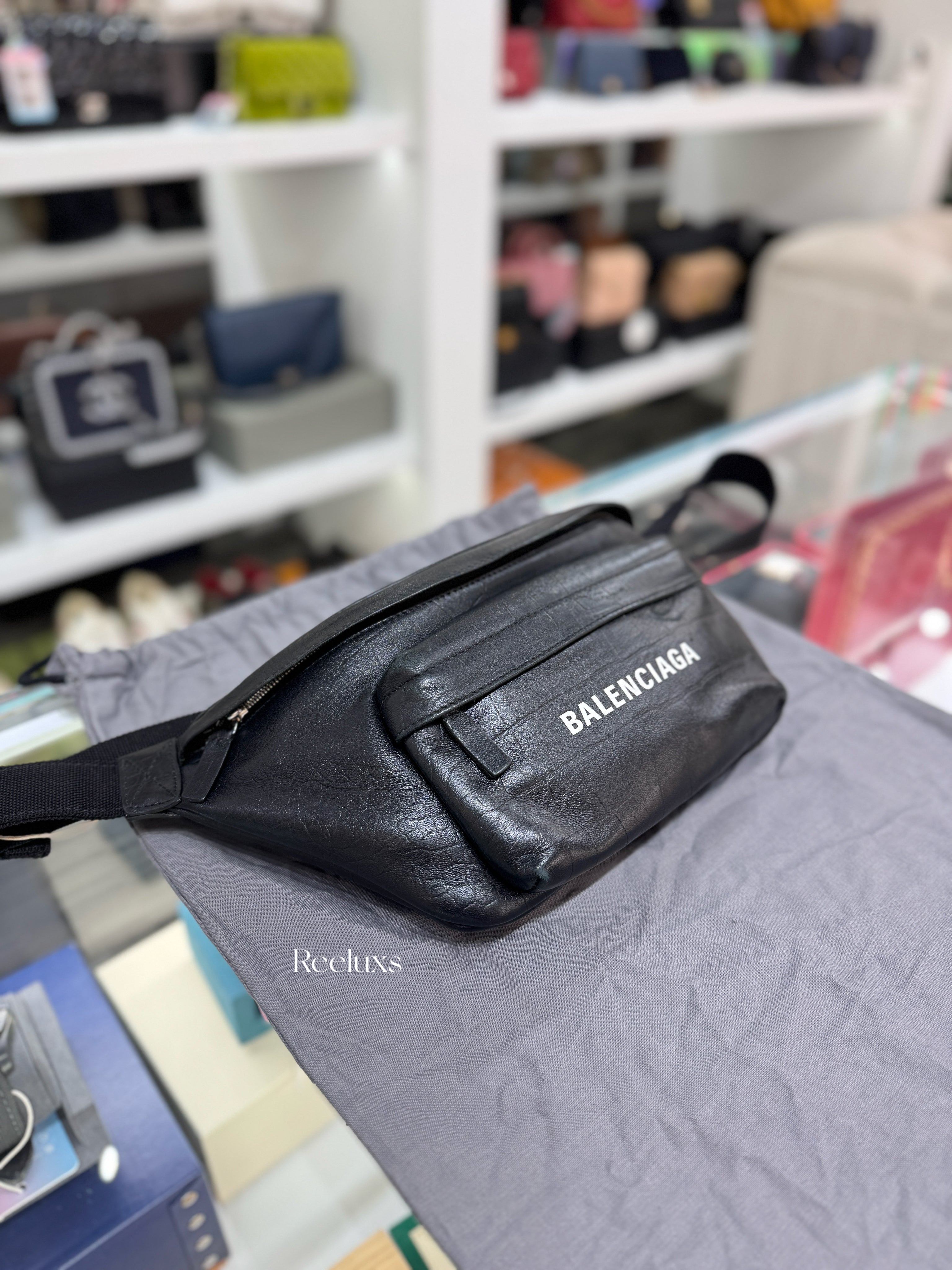 BALENCIAGA Everyday Belt Bag in Crocodile-Embossed Leather