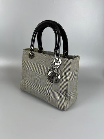 DIOR  Lady Dior Medium Houndstooth Black White Canvas Handbag