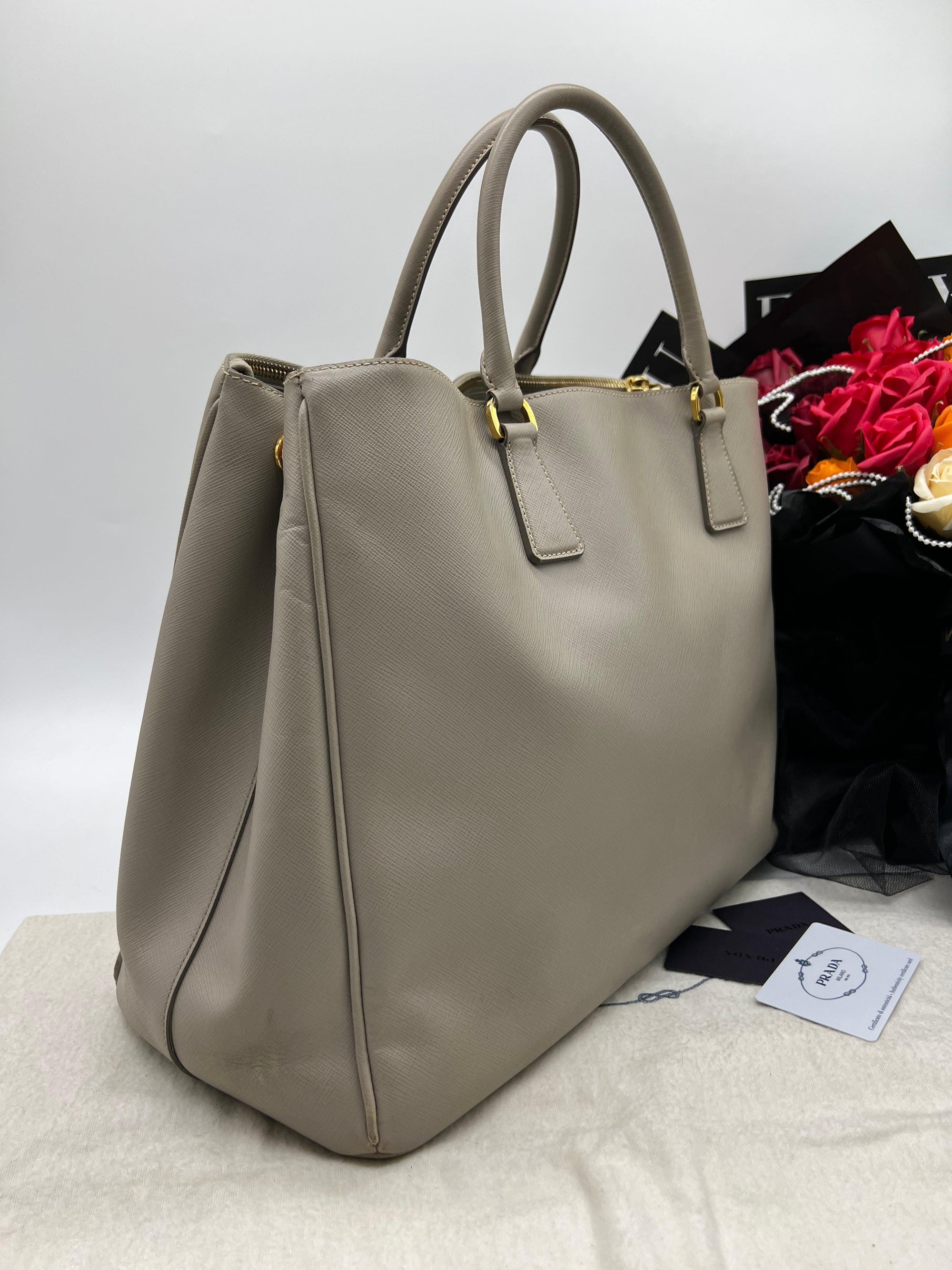 PRADA Beige Leather Executive Double Zip Tote - Reeluxs 