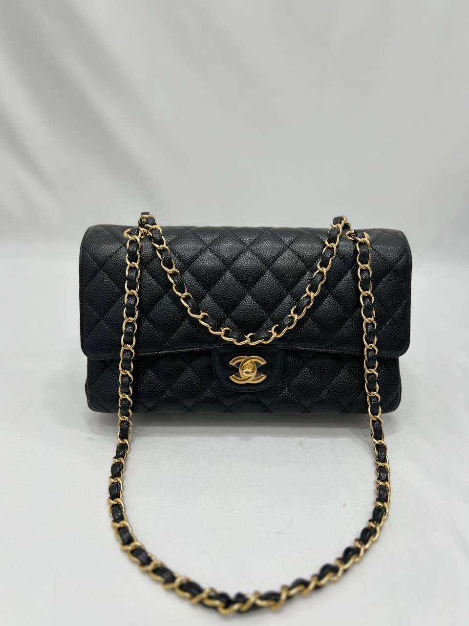 FULL SET CHANEL Medium Caviar Black Classic Matelasse Doubble Flap Gold Hardware Chain Shoulder Bag