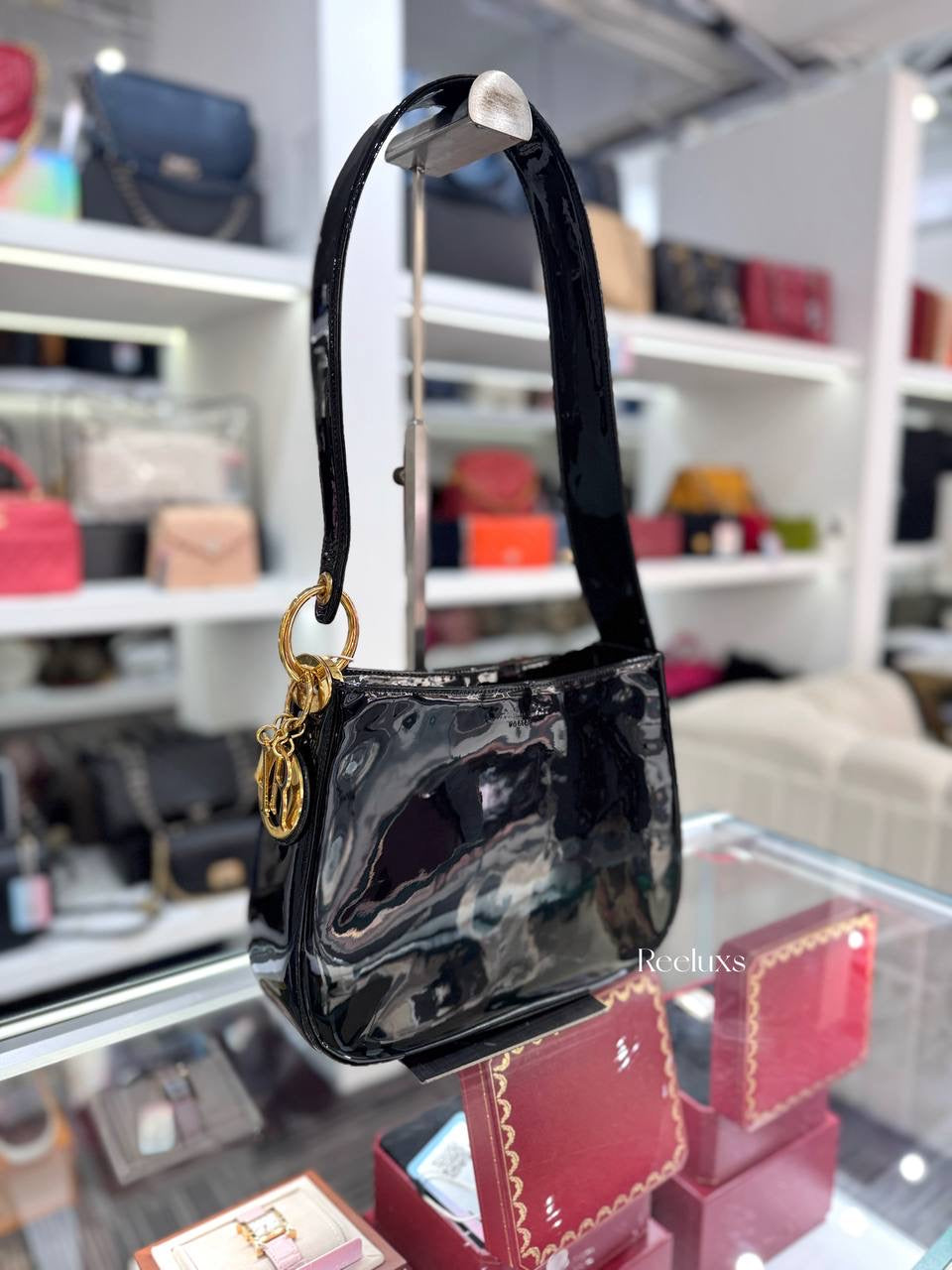 CHRISTIAN DIOR Cannage Black Patent Leather Shoulder Bag