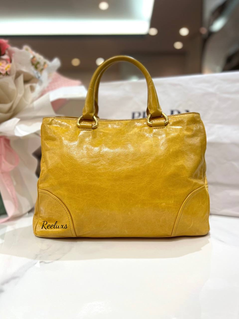 PRADA Yellow Vitello Shine Tote Hand Bag / Shoulder Bag ( 2- Way )