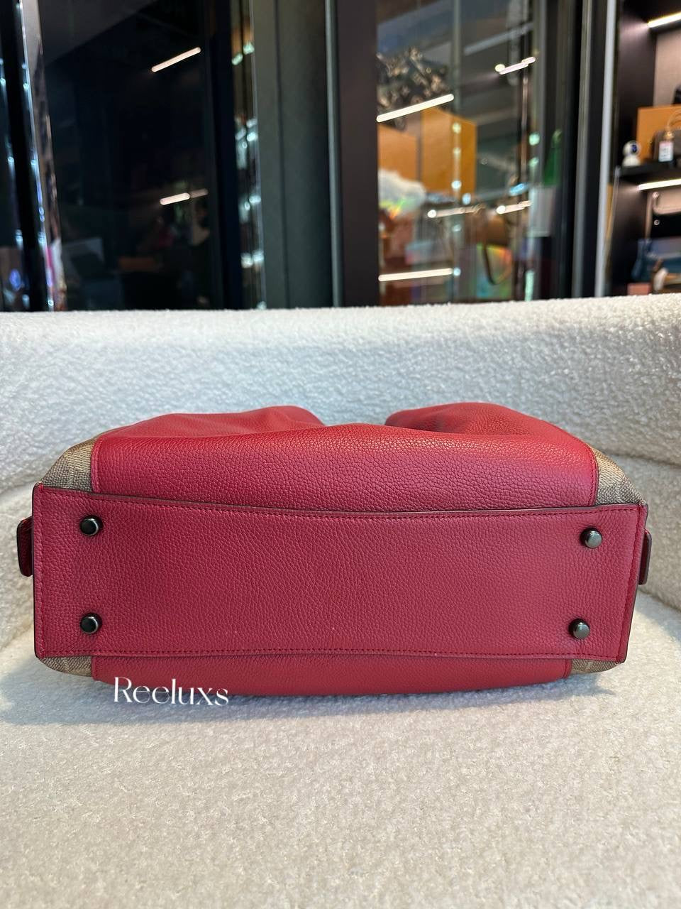 COACH Dalton 31 With Signature Canvas Blocking Tan Red Apple Shoulder Bag