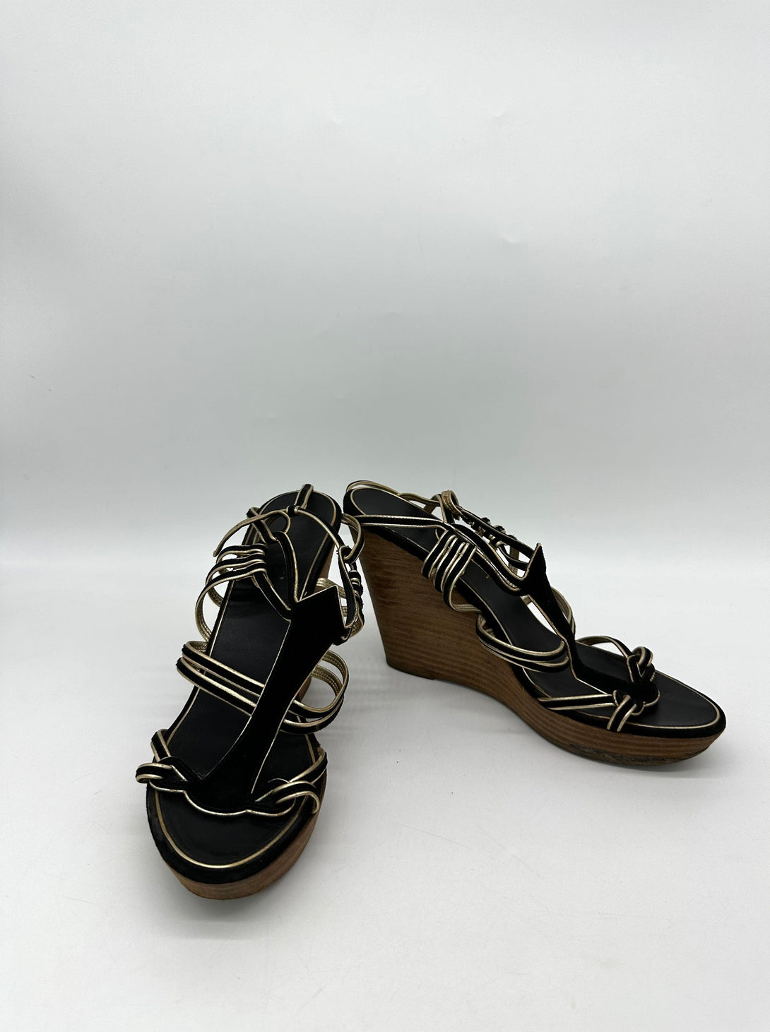 CHANEL Black/Gold Suede and Leather Wedge Sandals Size 39 - Reeluxs 