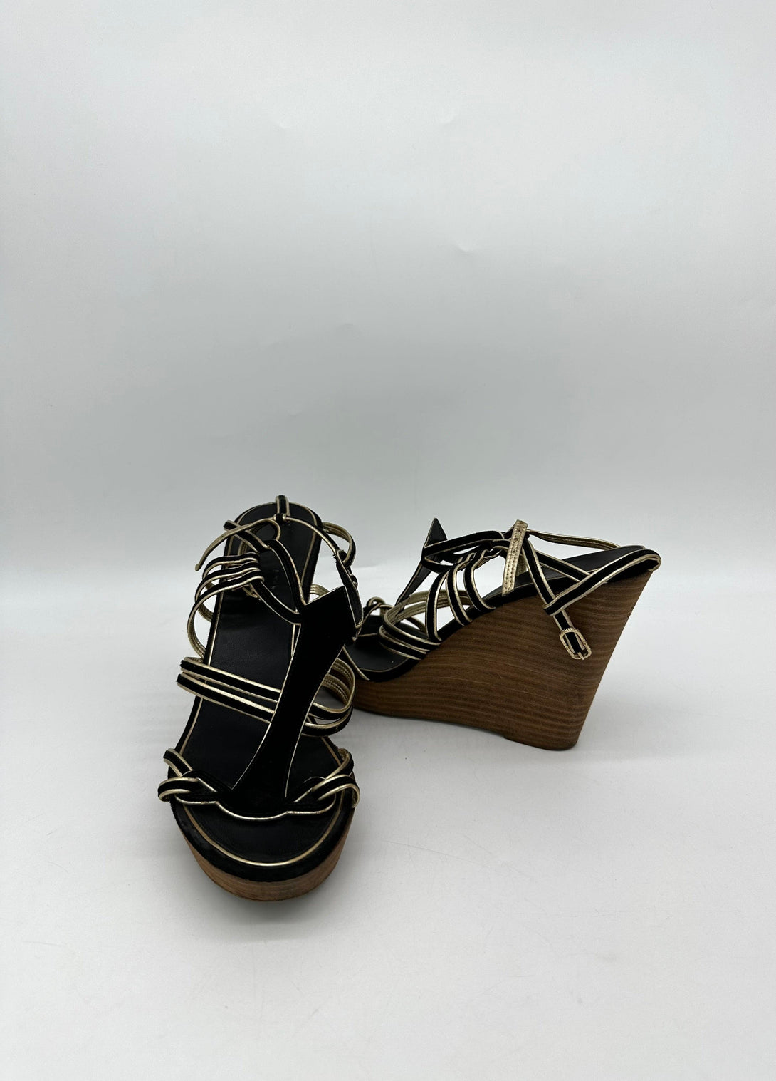 CHANEL Black/Gold Suede and Leather Wedge Sandals Size 39 - Reeluxs 