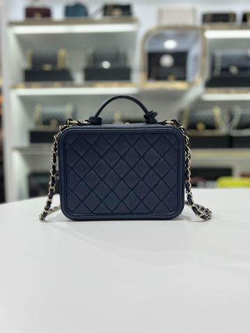 Full Set CHANEL Grained Caviar & Gold- Tone Metal Vanity Blue Leather Women Sling Bag - Reeluxs 