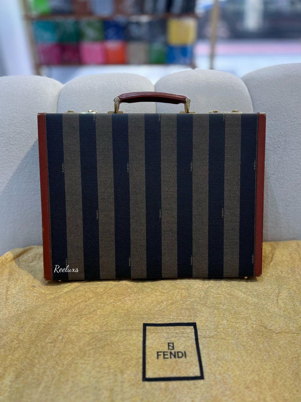 FENDI Vintage Leather & Striped Fabric Briefcase Brown Bag