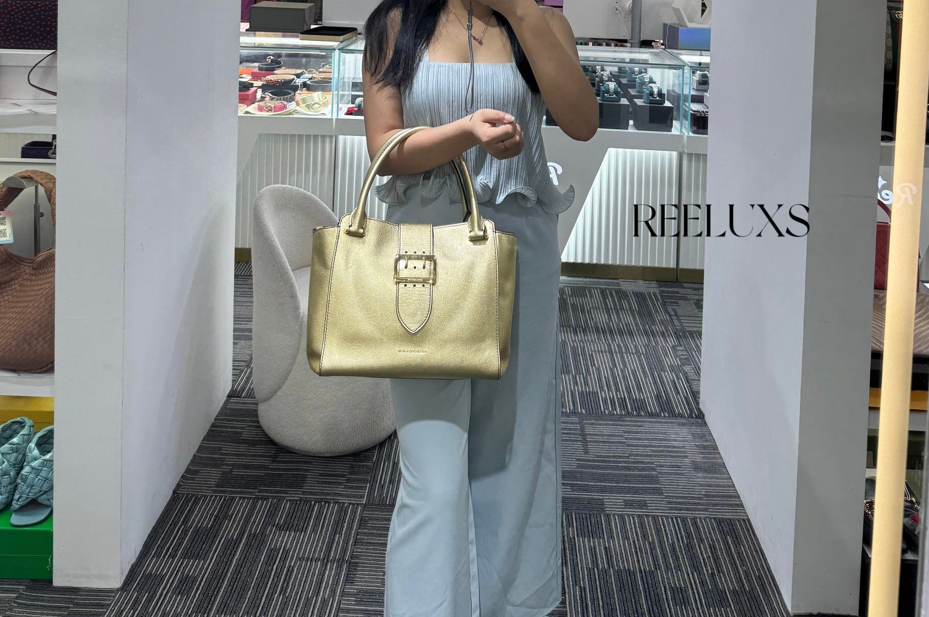 BURBERRY Metallic Soft Grain Calfskin Medium Buckle Tote