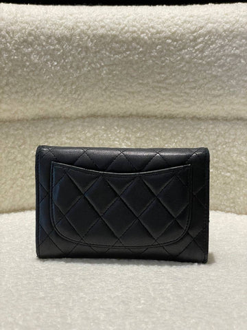 CHANEL Quilted Lambskin Flap Silver Hardware Long Wallet