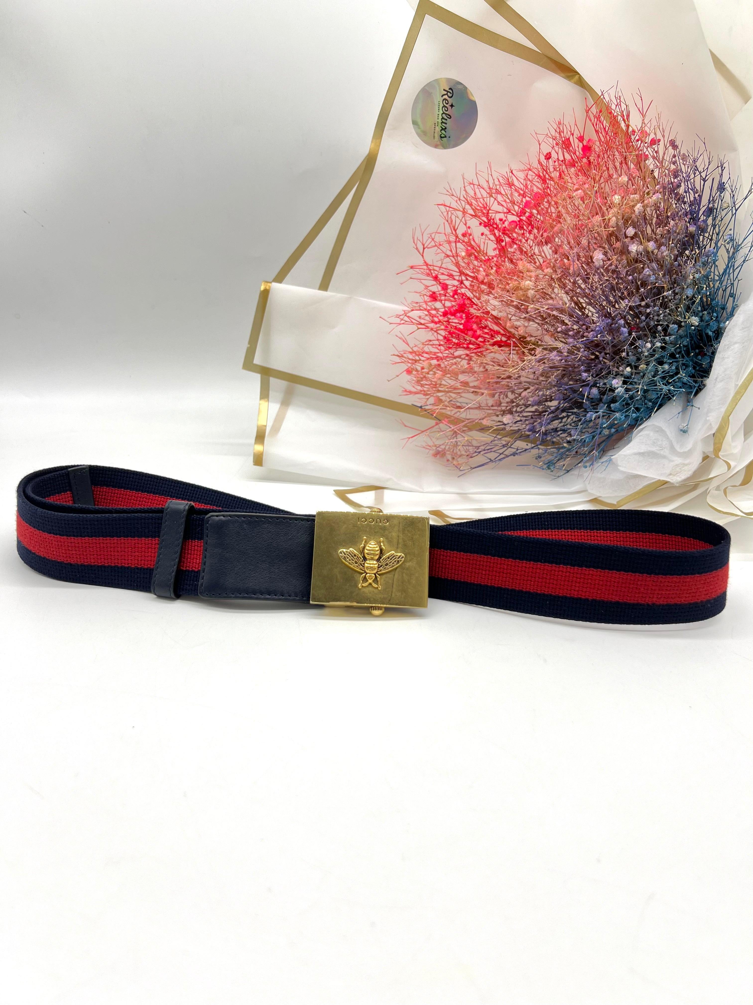 GUCCI Blue/Red Canvas Queen Margaret Bee Web Belt - Reeluxs 