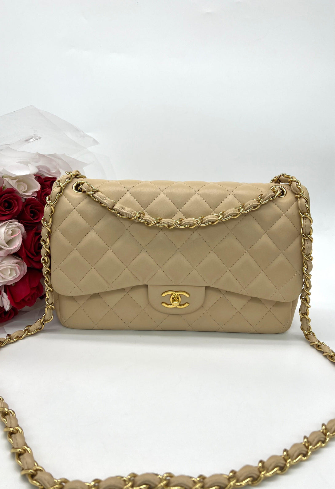 As New CHANEL Beige Colour Classic Flap Jumbo in Lambskin with gold hardware Women's Shoulder Bag - Reeluxs 