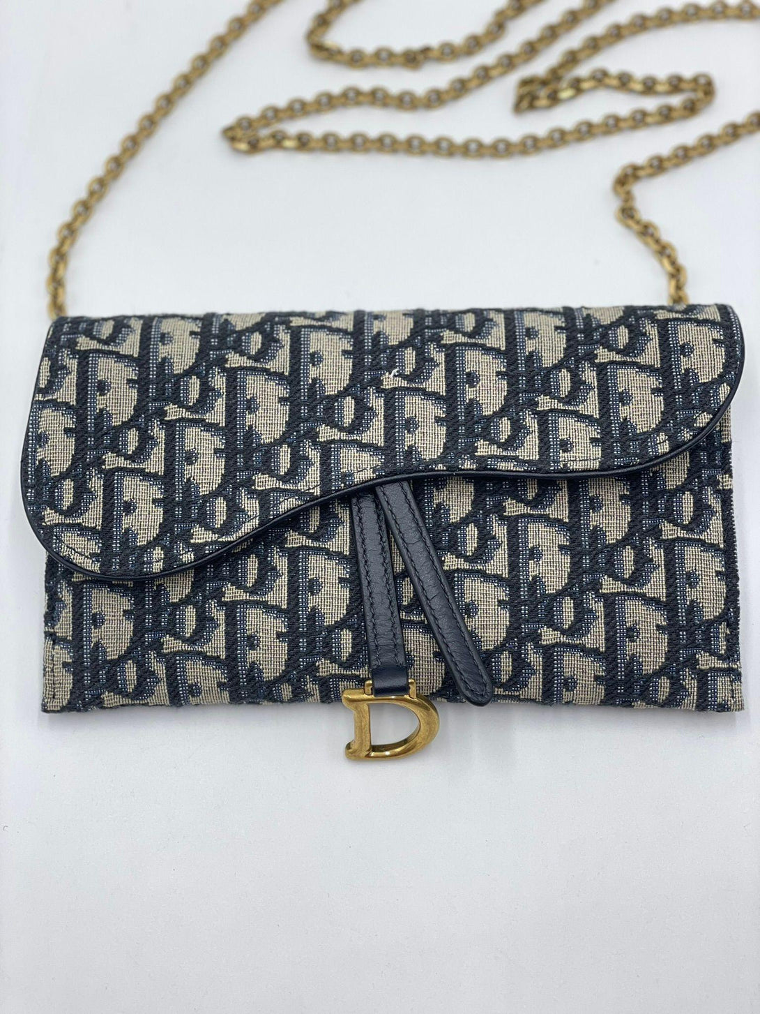 CHRISTIAN DIOR Long Saddle Wallet with Chain in Blue Dior Oblique Jacquard - Reeluxs 