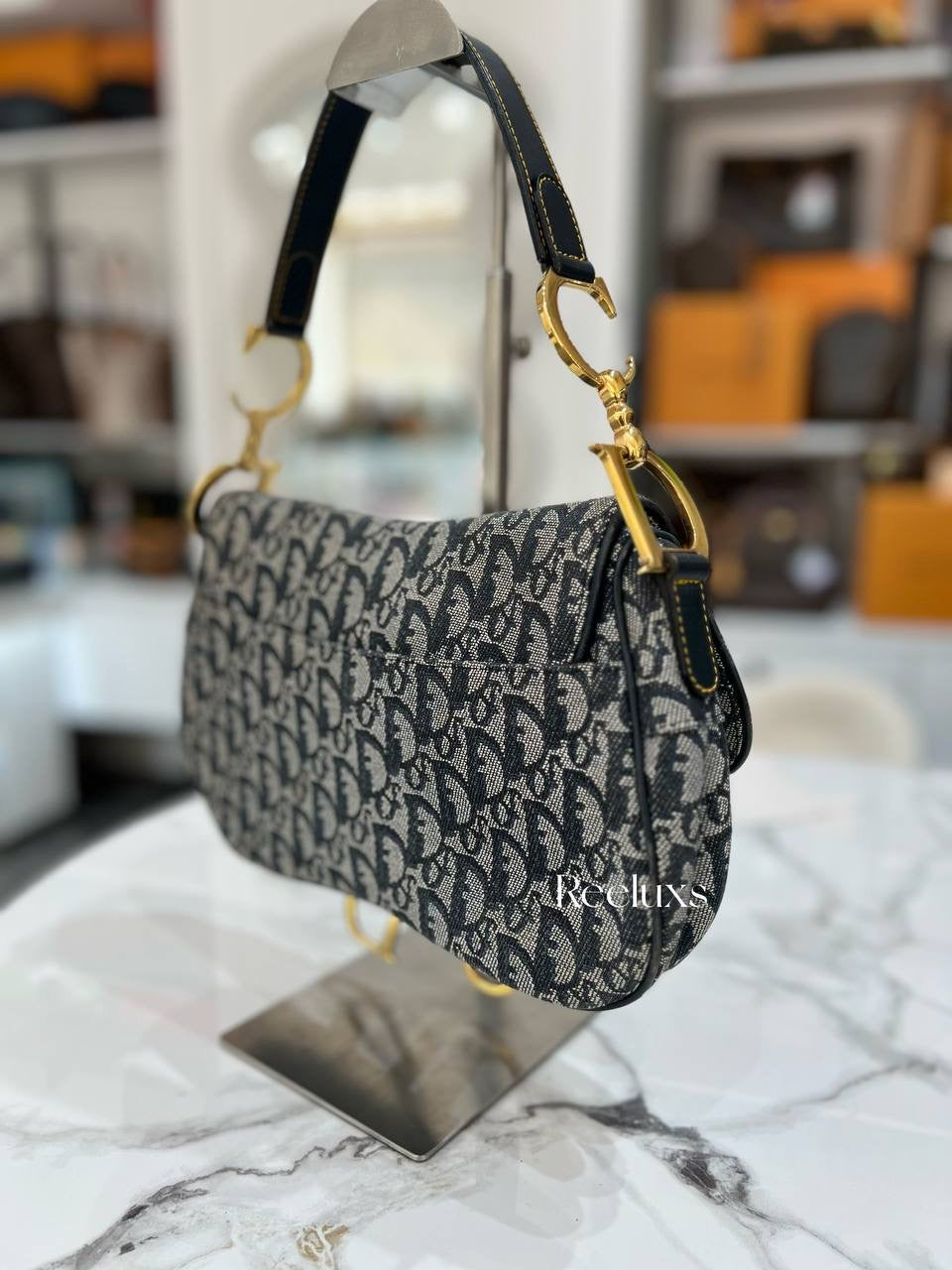 CHRISTIAN DIOR Double Saddle Bag Navy Oblique In GHW